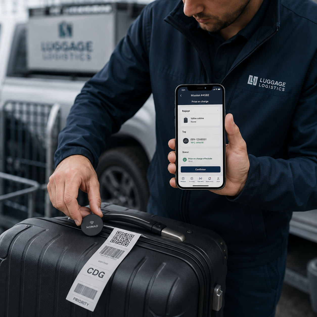 Employé Luggage Logistics équipant une valise du tag Nomad, application de mission ouverte sur son téléphone